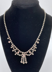 Antique Victorian Revival Silver Tone Faceted Rhinestone Bow Statement Necklace