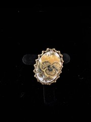 Antique Oval Enamel Floral Brooch Gold Tone