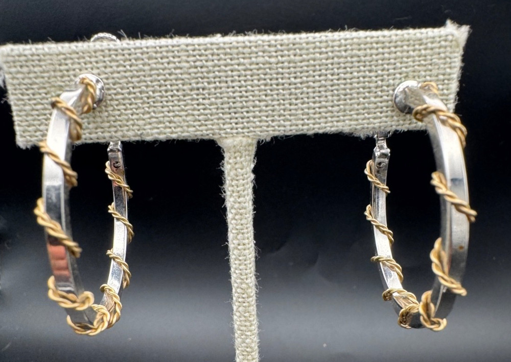 Vintage Lee Bernard Two Tone Hoop Screw Back Earrings Gold Wire Wrapped Silver