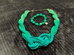Vintage Bright Teal/Turquoise Braided Beaded Necklace & Geometric Bracelet Set