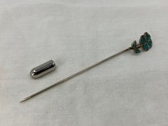 Vintage Turquoise Inlay Flower Stick Pin Silver Tone