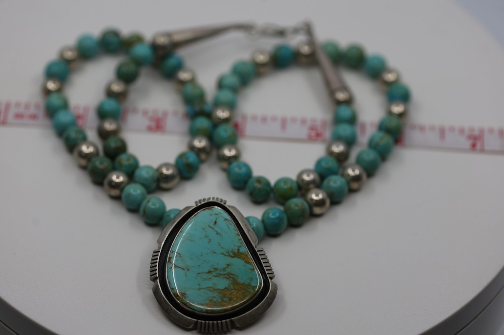 Heavy Turquoise and Silver Beaded Pendant Necklace Sterling Silver