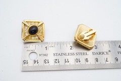 Vintage Clip On Earrings Gold Tone Rhinestone Black Cabochon