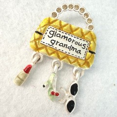 AJMC Glamorous Grandma Purse Brooch Rhinestone Dangle Charm Pin VTG