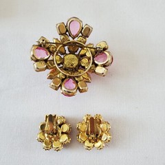 Vtg AB Glass Pink Rhinestones Brooch Pin Clip On Earrings Set Demi Parure