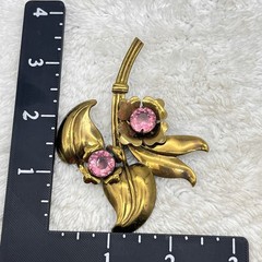 Vintage Flower Brooch Purple Stone Brass Large 3.75″