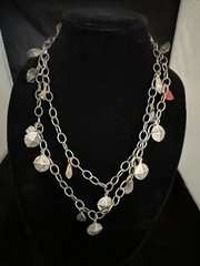 Vintage Silver Tone Chain Charm Necklace With Gemstones
