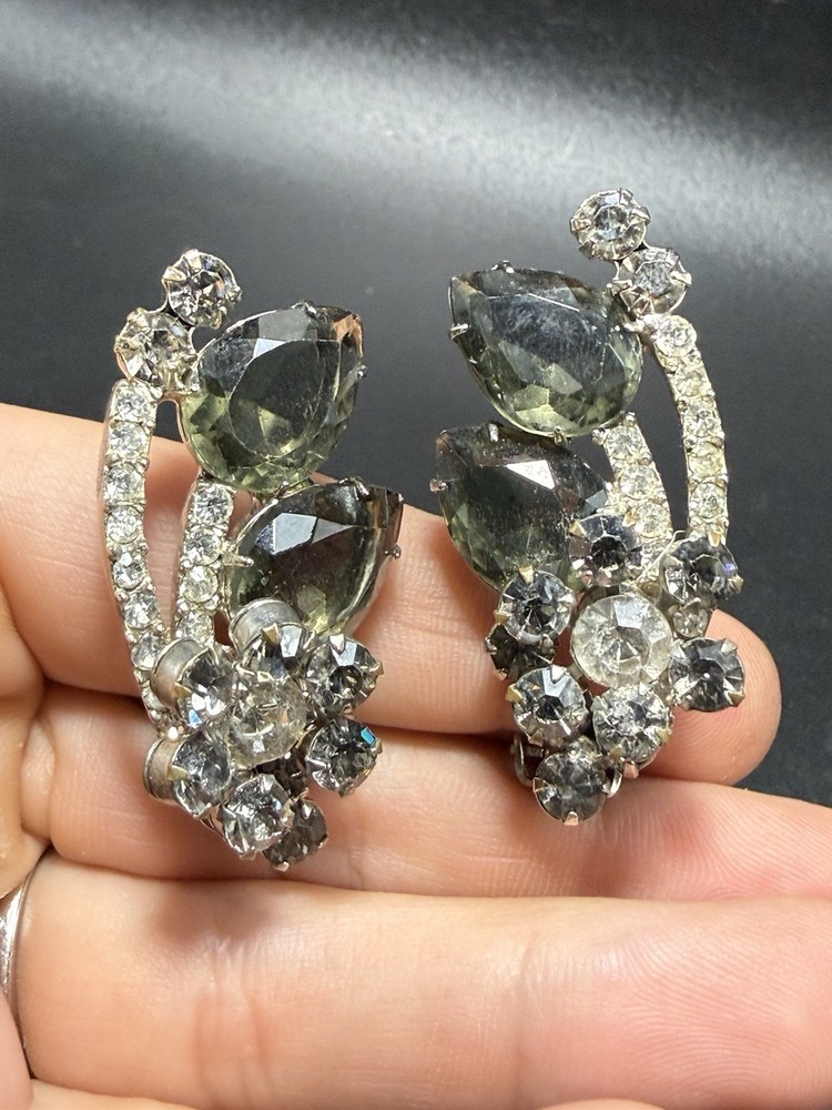 Vintage D&E Juliana Smoky Gray Rhinestone Clip On Earrings Statement Jewelry