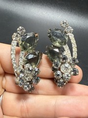 Vintage D&E Juliana Smoky Gray Rhinestone Clip On Earrings Statement Jewelry