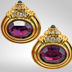 Nolan Miller Amethyst-Crystal Gold-Tone Clip On Earrings 1990s Dynasty Glamour