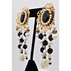 Jacklynn Vintage Beaded Fringe Clip On Earrings Black Crystal Pearl Gold BinBF
