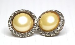 Vntg Clip-on Earrings Round Pearl Jelly Belly Center Rhinestones Costume Jewelry