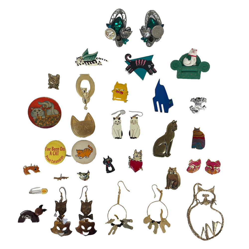 Vtg WHIMSICAL CAT Brooch Lot 50s 70s 80s Jewelry Artisan Burch Pinback Earrings