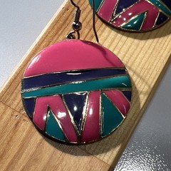 VTG 1980 90s Edgar Berebi Signed Geometric Enamel Dangle Earrings Pink Gold Tone