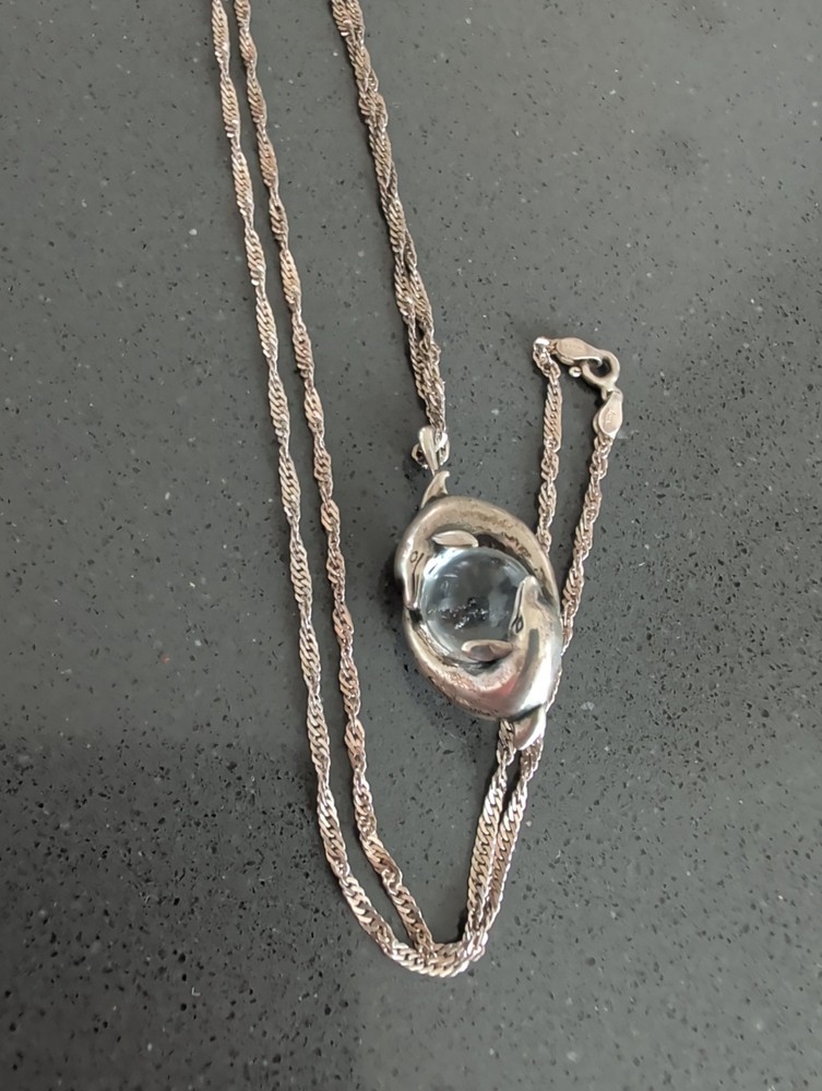Vintage Dolphins Pendant 925 Sterling Silver Mystical 29″ Chain Glass Orb S71