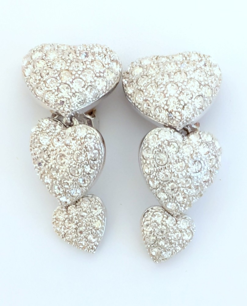 Gorgeous Nolan Miller Silver Tone Pave Crystal Triple Heart Dangle Earrings