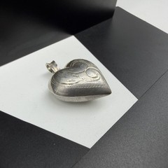 Sterling Silver 925 Etched Scroll Hollow Puffy Heart 29mm Pendant 5.7g