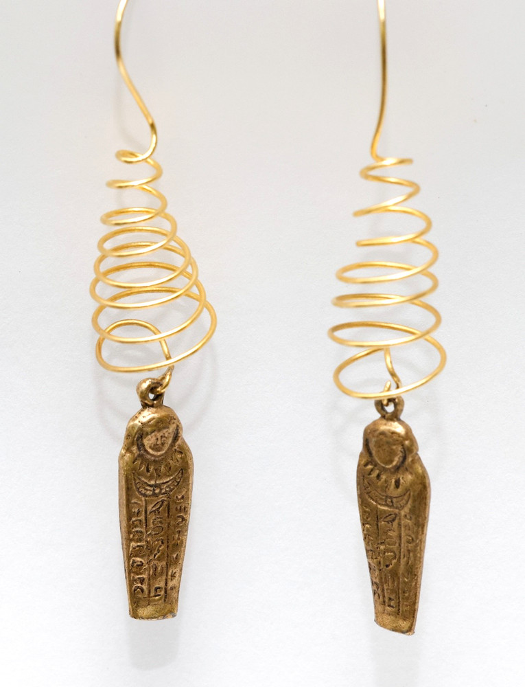 Vintage Gold Tone Egyptian Sarcophagus Dangle Earrings 3 1/8″ L