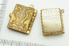 2 ANTIQUE ENGLISH LOCKETS / CHARMS – PINCHBECK ABERFELDY ENAMEL & PEARL c1870