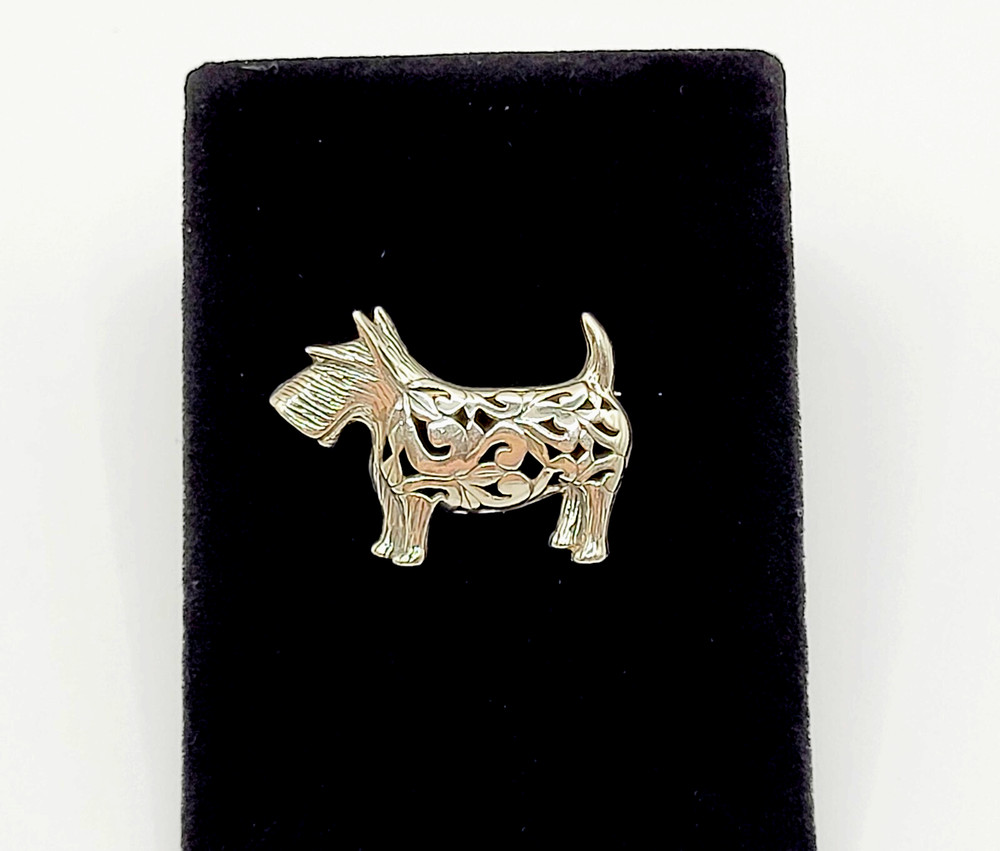 Scottie Dog Scottish Terrier Jezlaine Sterling 925 Filigree Metal Vtg Brooch Pin