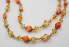 Vendome Art Glass 3-Strand Necklace Earrings Orange AB Crystal 17 Inches.