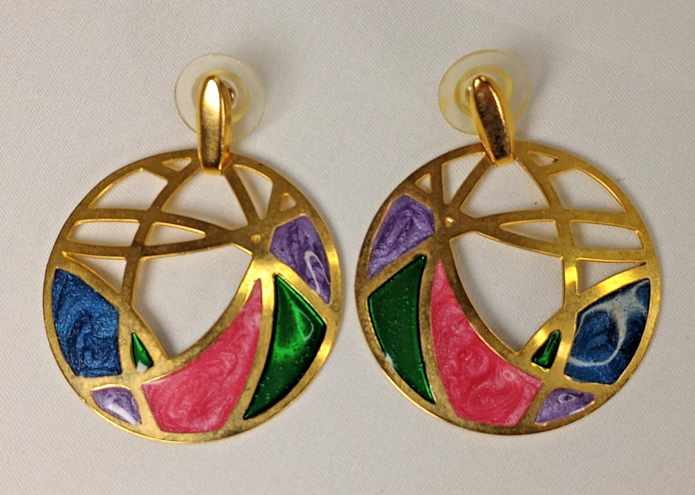 Vintage Gold Tone Abstract Enamel Dangle Stud Earrings Pink Green Blue 1.75″