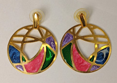 Vintage Gold Tone Abstract Enamel Dangle Stud Earrings Pink Green Blue 1.75″