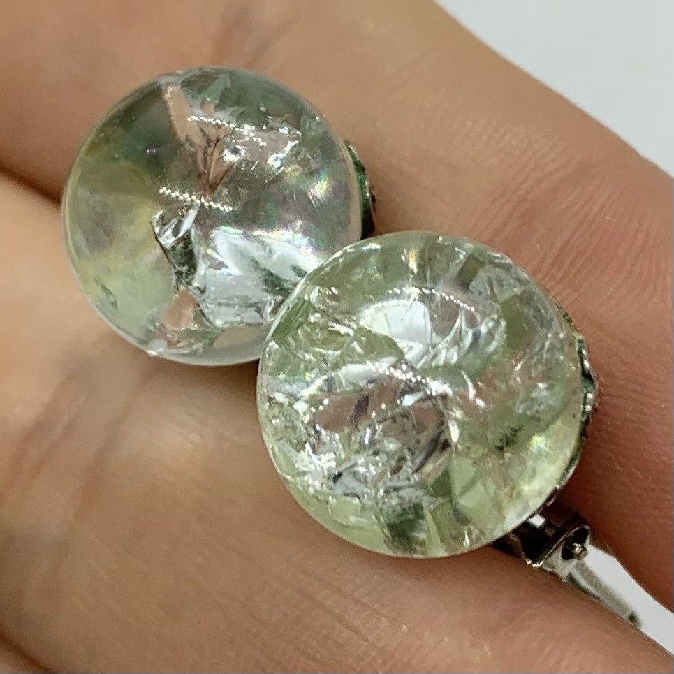 Vtg Clear Crackle Glass Orb Ball Bead Chunky Stud Earrings Clip Huggie