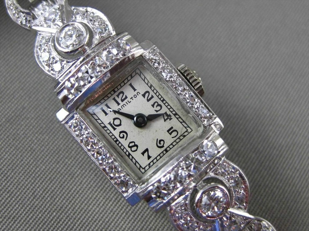 ANTIQUE LARGE 2.30CT OLD MINE DIAMOND PLATINUM HAMILTON WATCH F VVS/VS #14090