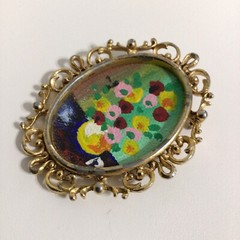 Vintage Brooch Pin Original Oil Painting on Canvas Floral