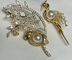 Crystal Rhinestone Owl Flamingo Brooch Pin Glass Vintage LOT Bird Peacock Clear