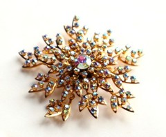 HUGE Vintage AB Glass Rhinestone Snowflake Brooch Articulated Gold Tone 3.5in