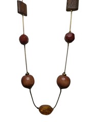 Vintage Boho Earthy Layered Necklace Wood Beads Amber Crystal Carnelian Tone 30″