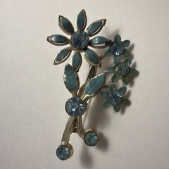 vtg Blue Rhinestone Enamel Floral Metal Brooch Pin