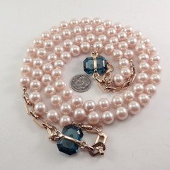 Vtg Faux Pearl Emerald Cut Blue Glass Necklace Knotted Strand 45″ Long 9.8mm