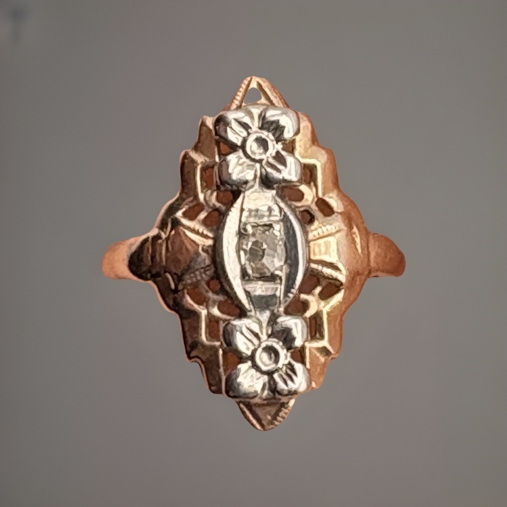 Antique Art Deco 14K Yellow White Gold Diamond Ring Size Filigree Cocktail