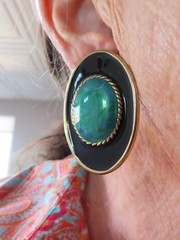 Vintage 1980’s Gold Tone Black w/Teal & Green Oversize Pierced Earrings