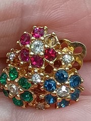 Vintage Ciner Floral Rhinestone Clip Earrings Blue Green Red Gold Tone READ