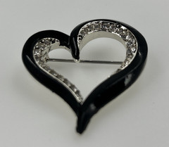 Vintage Liz Claiborne Open Heart Black Enamel Rhinestone Brooch