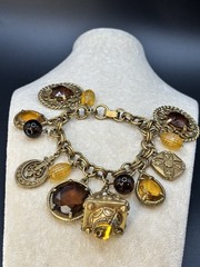 Vintage Mid Century Amber Topaz Rhinestone Charm Bracelet Etruscan Revival