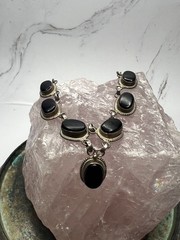 VTG 925 Sterling Silver Rope Trim Accent Oval Black Onyx Statement Necklace