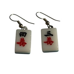 MAHJONG Tile Earrings White And Green Pierced Dangle Drop Acrylic Plastic VTG