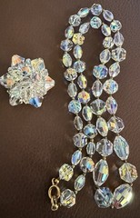 Vintage AB Coated Crystal Brooch Necklace Jewelry Set SPARKLY