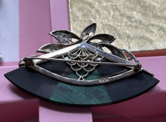 VINTAGE MALACHITE MOP ONYX MARCASITE FAN BROOCH Lily Asian Inspired 2.5 inches
