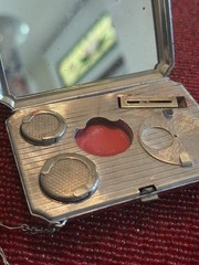 1920s Art Deco Enamel Compact Purse Mirror Powder Rouge Case w/ Chain Handle