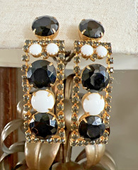 VINTAGE 1980’s BLACK RHINESTONE & MILK GLASS DANGLE CHANDELIER EARRINGS