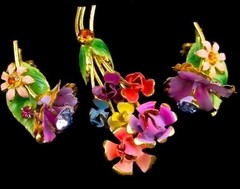 Vintage Austria Crystal Brooch and Earring Set 1950s Gold Tone Enamel Floral
