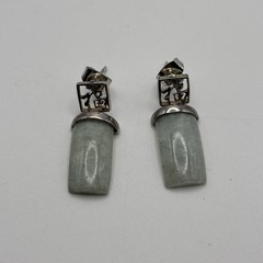 Vintage Asian 925 Sterling Silver Jade Dangle Post Earrings “FU” Good Luck