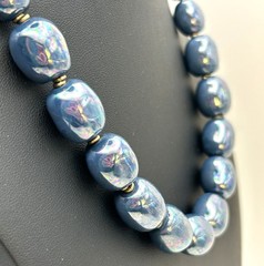 Vintage Iridescent Blue Peacock Glazed Ceramic Bead Necklace 100g 18”