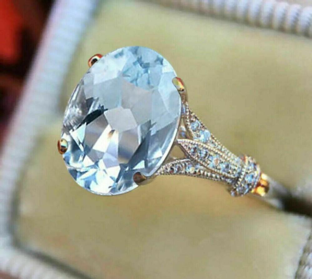 3.00 Ct Oval Cut Aquamarine Art Deco Wedding Engagement 925 Sterling Silver Ring
